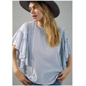 Anthropologie Pilcro Blue and White Stripes with Ruffle Sleeves Blouse